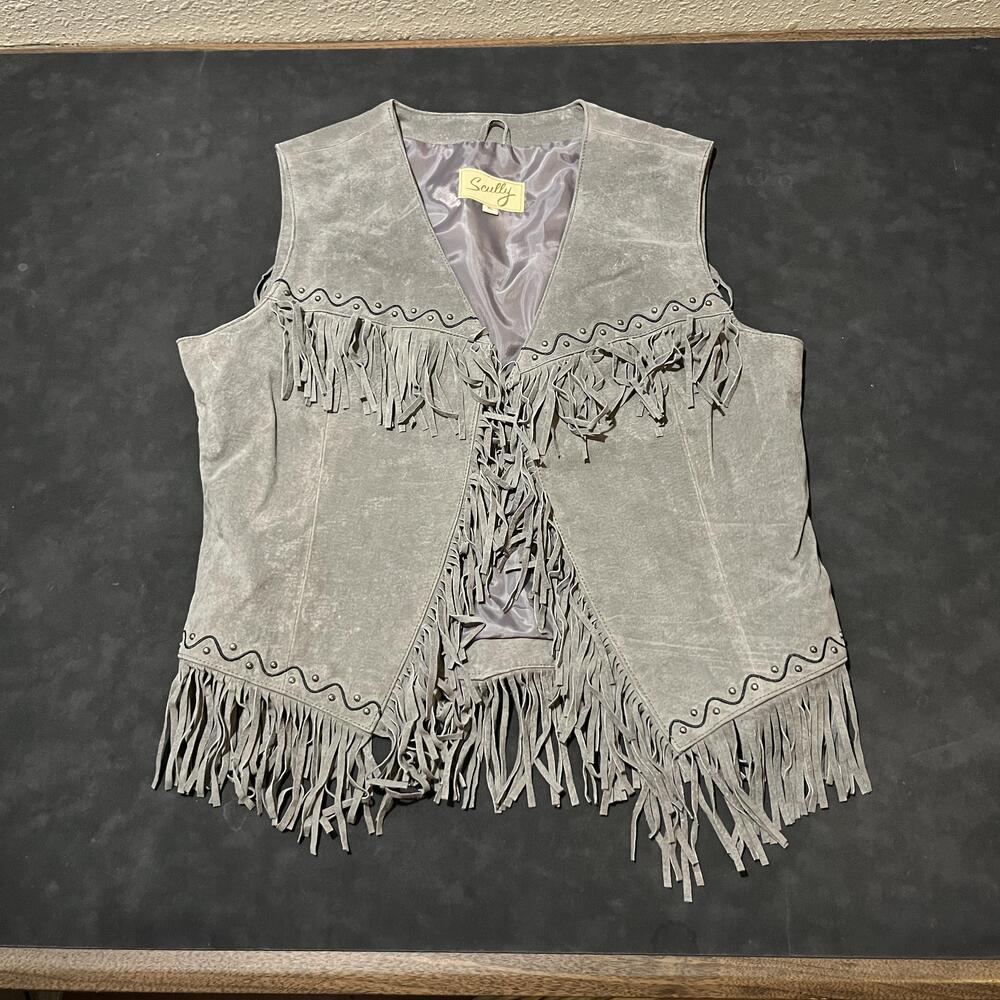Scully Leather Fringe Vest Womens XL Gray Suede Western Studded Tie Front L26